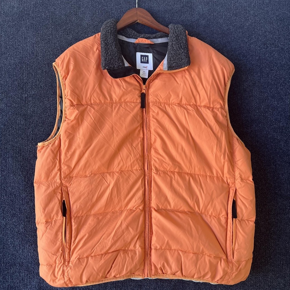 Vintage GAP Vest Mens XL‎ Orange Down Puffer Quilted Zip Sherpa Collar Outdoor